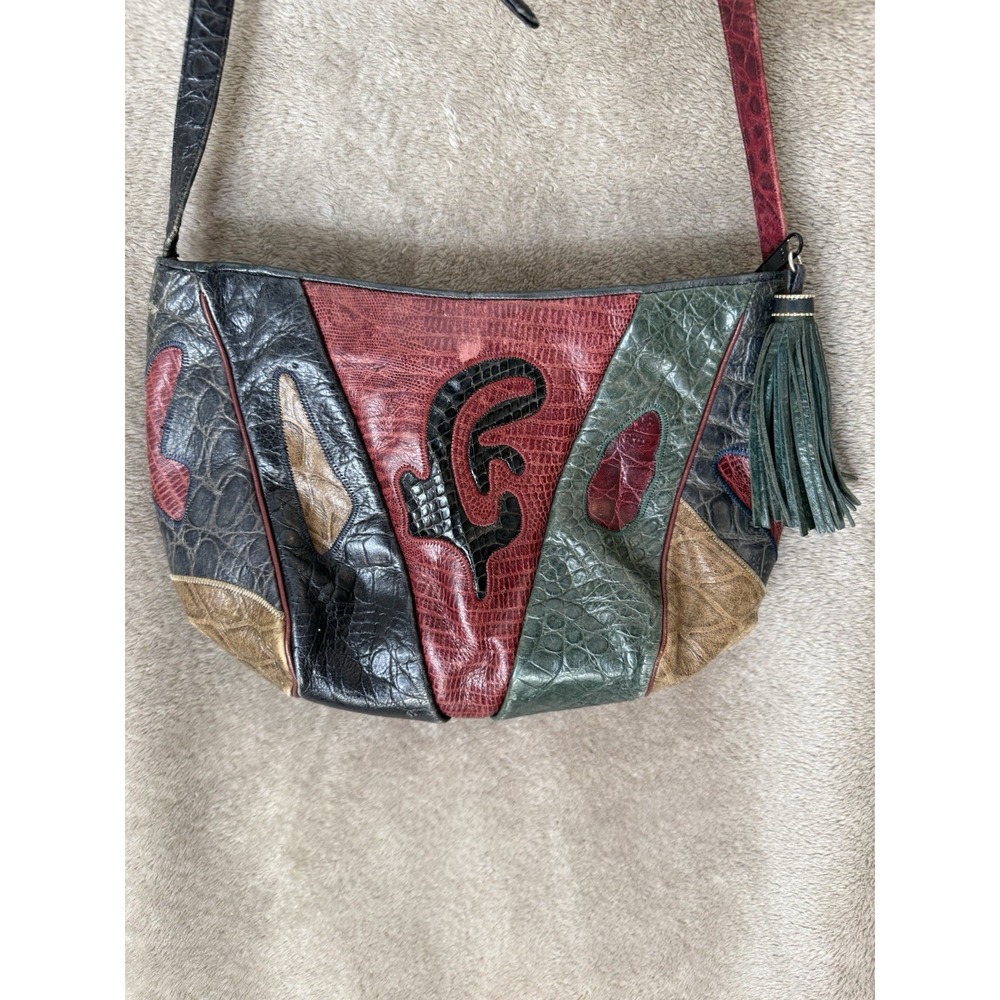 Vintage Sharif Multicolor Patchwork Reptile Leather Crossbody Bag Purse